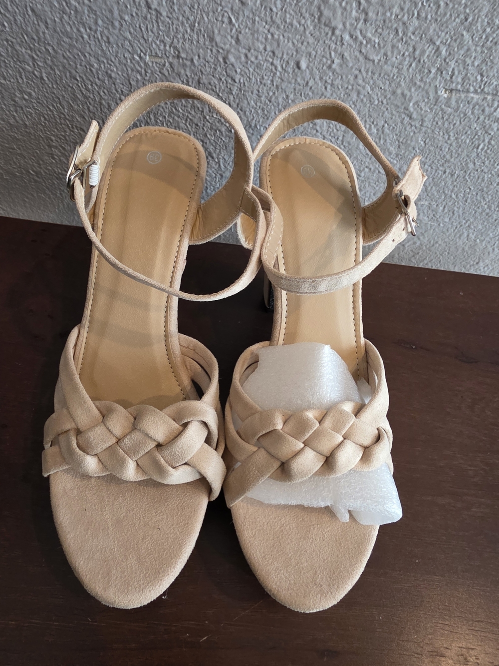 Women's Braided Suede Ankle-Strap Heels in Beige